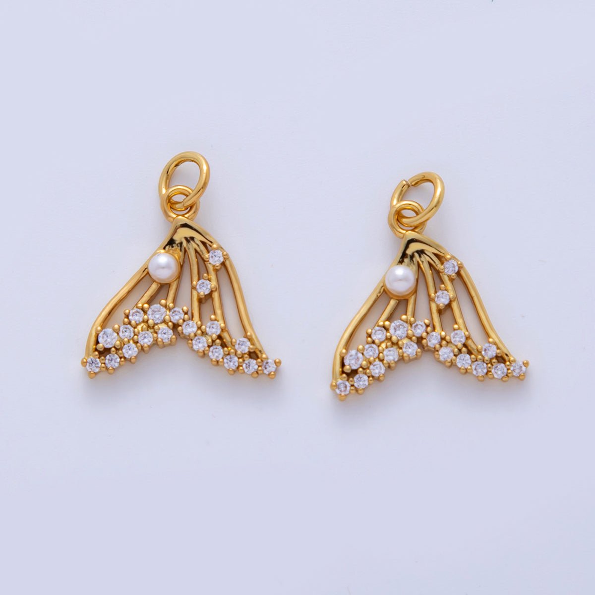 18K Gold Filled Micro Paved CZ Shell Pearl Whale Tail Charm | AF328 - DLUXCA