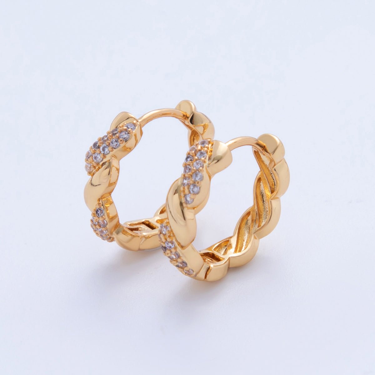 18K Gold Filled Micro Paved CZ Twirled Round Hinged Earrings | AI375 - DLUXCA