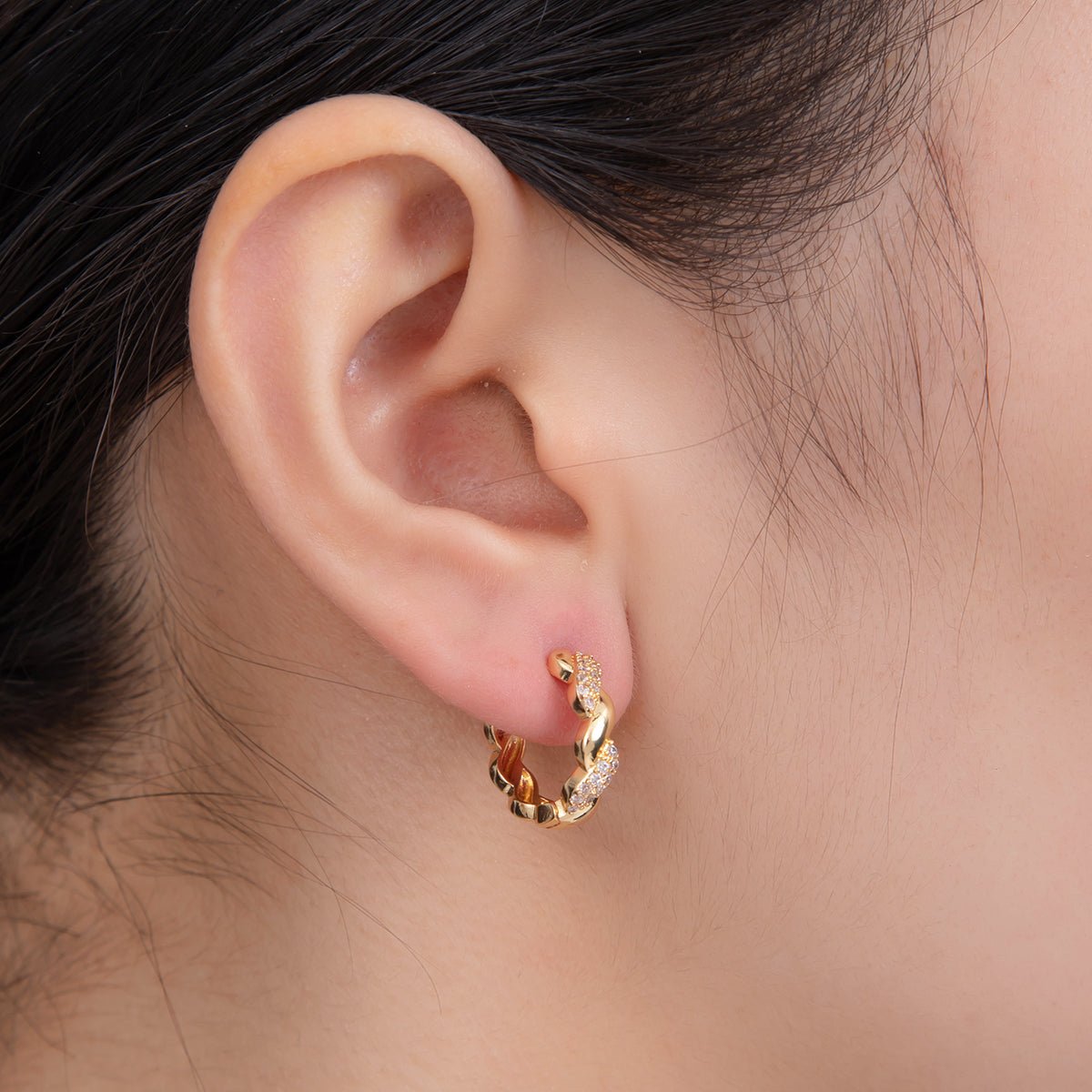 18K Gold Filled Micro Paved CZ Twirled Round Hinged Earrings | AI375 - DLUXCA