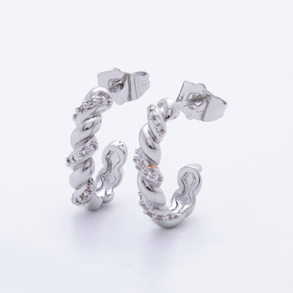 18K Gold Filled Micro Paved CZ Twisted C - Shaped Hoop Earrings in Gold & Silver | AJ207 AJ208 - DLUXCA