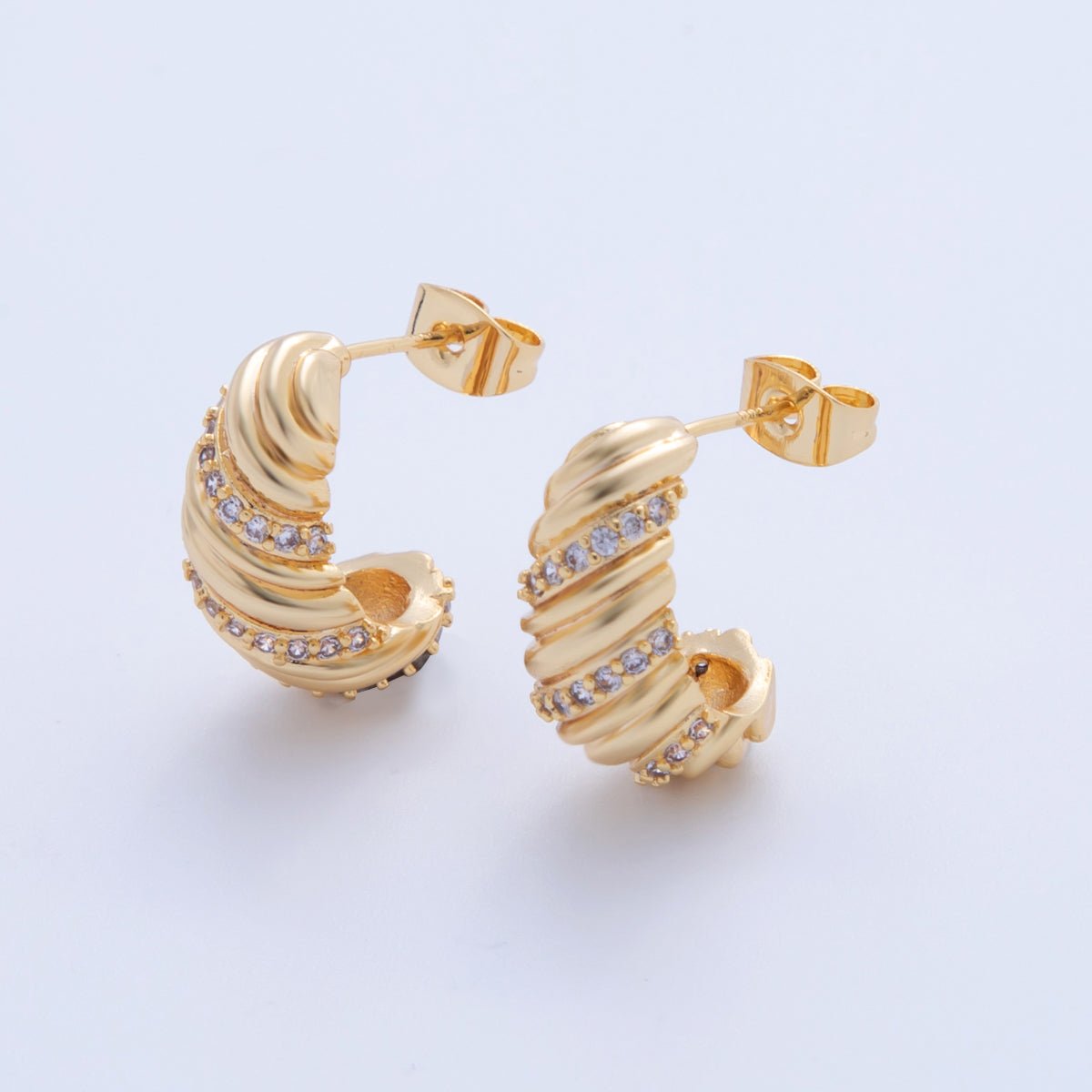 18K Gold Filled Micro Paved CZ Twisted Croissant Drop Stud Earrings | AI372 - DLUXCA