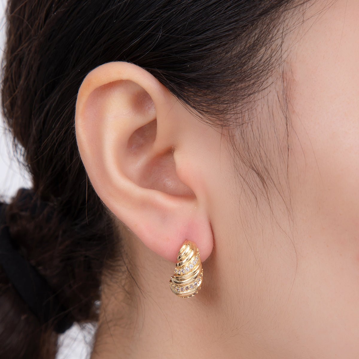 18K Gold Filled Micro Paved CZ Twisted Croissant Drop Stud Earrings | AI372 - DLUXCA