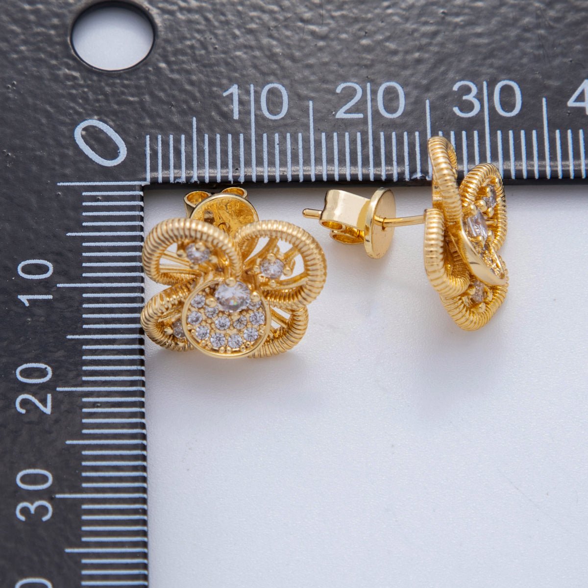 18K Gold Filled Micro Paved CZ Twisted Flower Bloom Stud Earrings | AI409 - DLUXCA