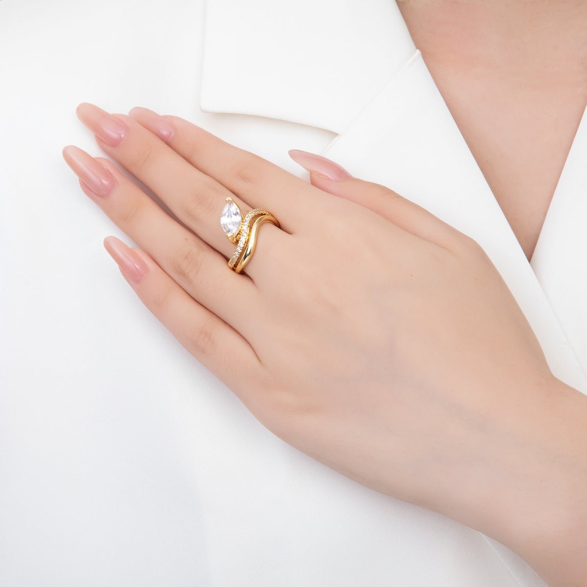 18K Gold Filled Micro Paved & Marquise CZ Double Wave Adjustable Ring | O - A2254 - DLUXCA