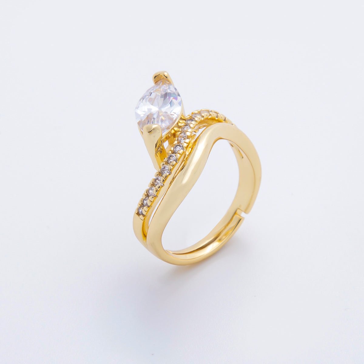 18K Gold Filled Micro Paved & Marquise CZ Double Wave Adjustable Ring | O - A2254 - DLUXCA