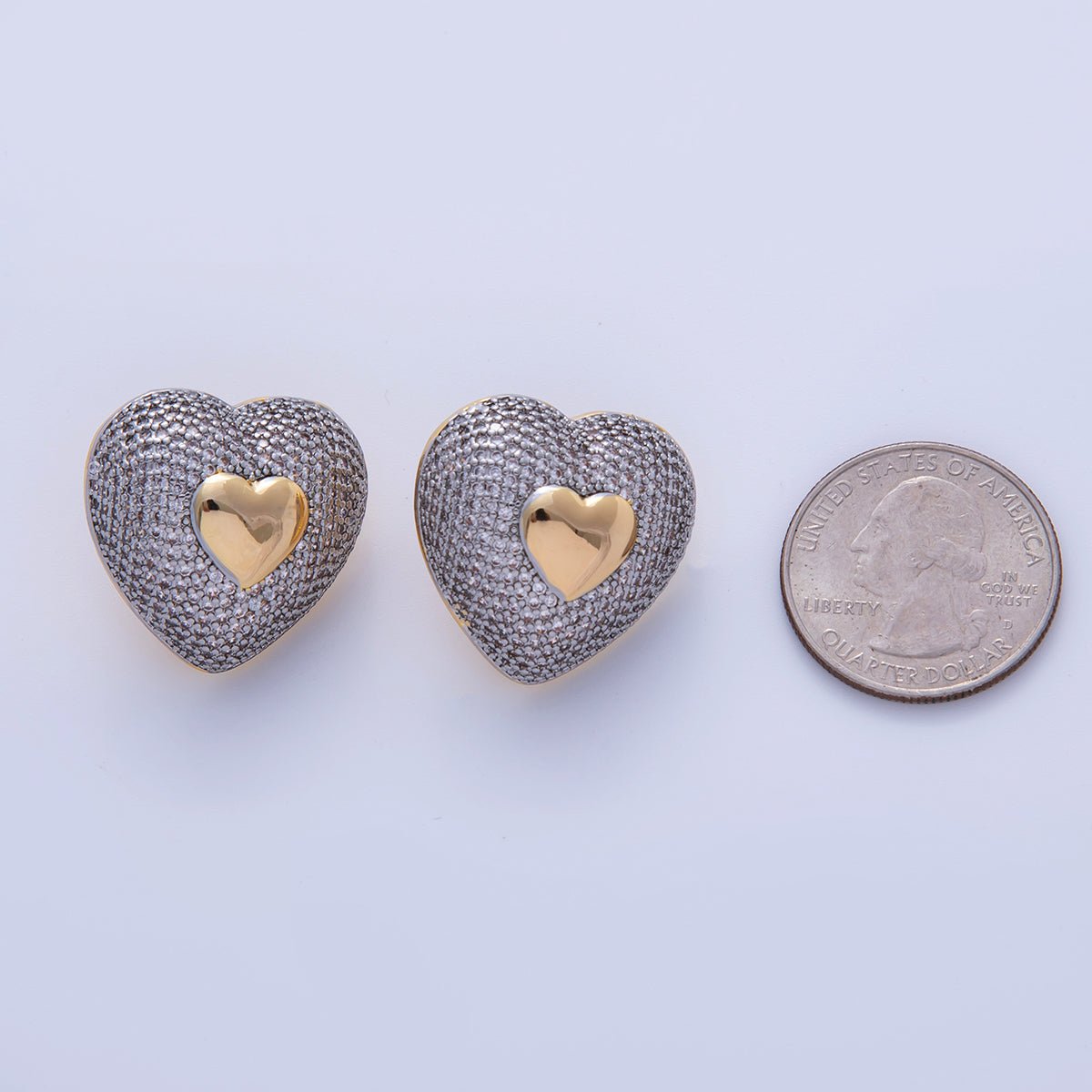 18K Gold Filled Mixed Metal Micro Paved CZ Dome Heart Stud Earrings | AI343 - DLUXCA
