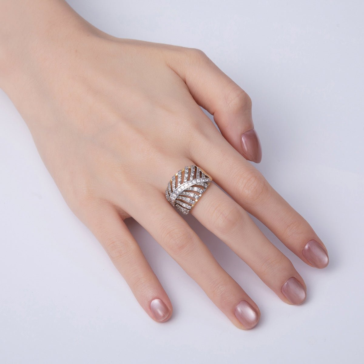 18K Gold Filled Mixed Metal Micro Paved CZ Palm Leaf Ring | O759 - DLUXCA
