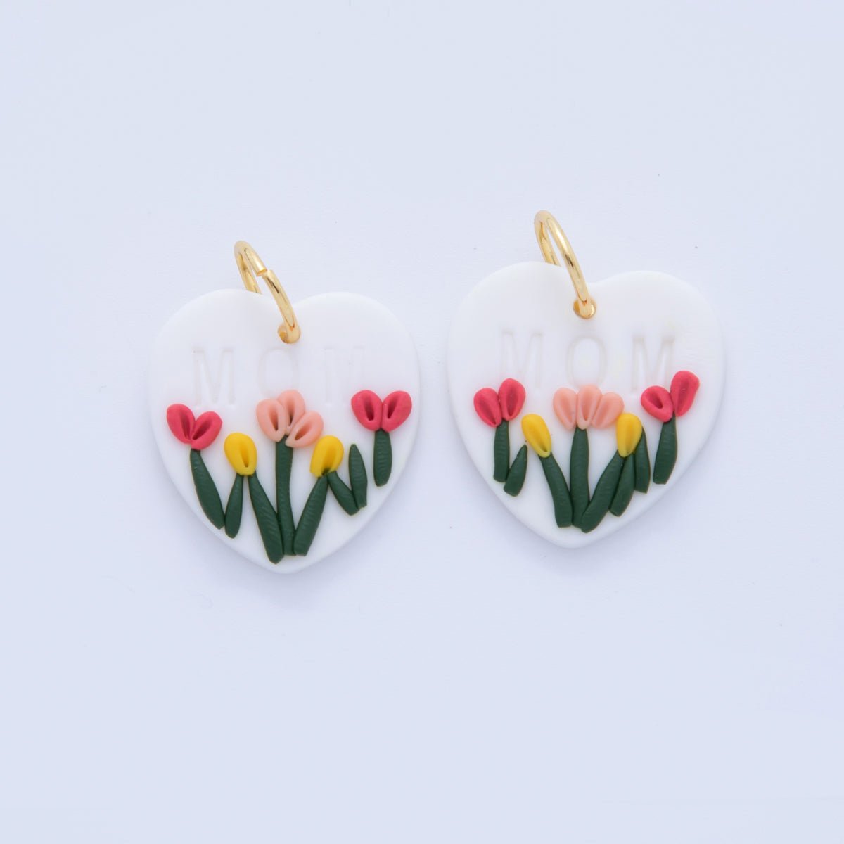 18K Gold Filled "MOM" Multicolor Tulip Flower Polymer Clay White Heart Charm | AF370 - DLUXCA