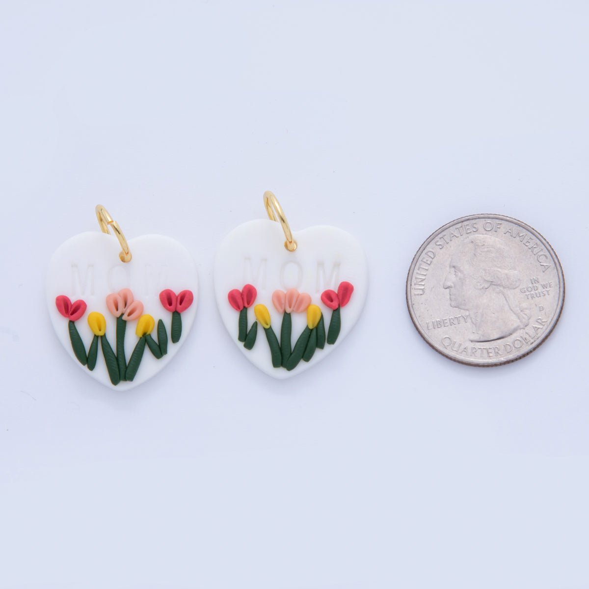 18K Gold Filled "MOM" Multicolor Tulip Flower Polymer Clay White Heart Charm | AF370 - DLUXCA