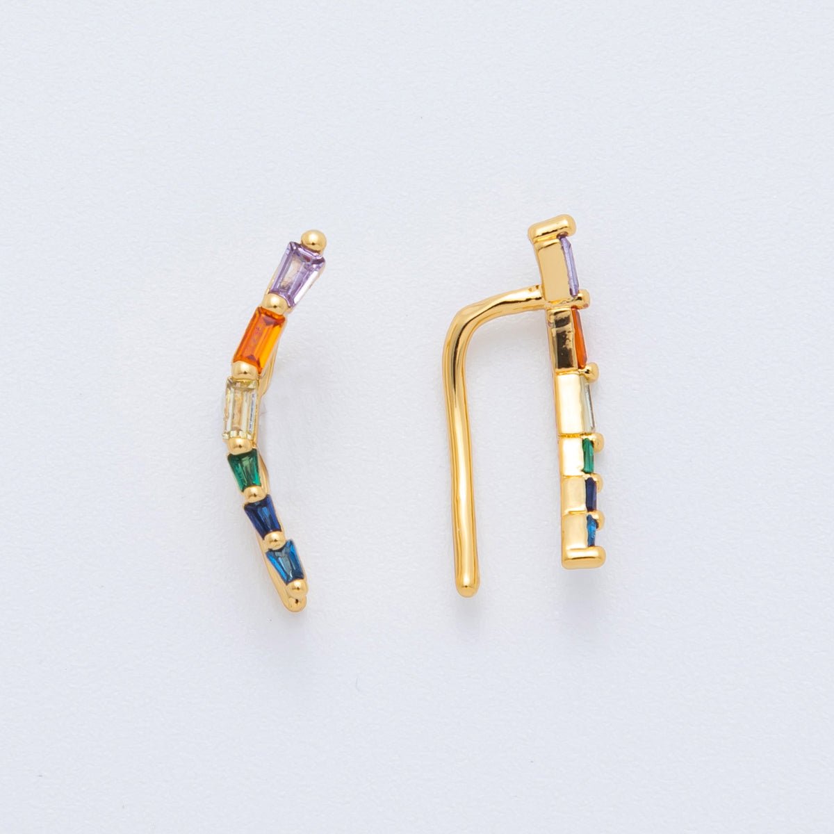 18K Gold Filled Multicolor Baguette CZ Rainbow Arc Ear Climber Earring | AJ - 186 - DLUXCA