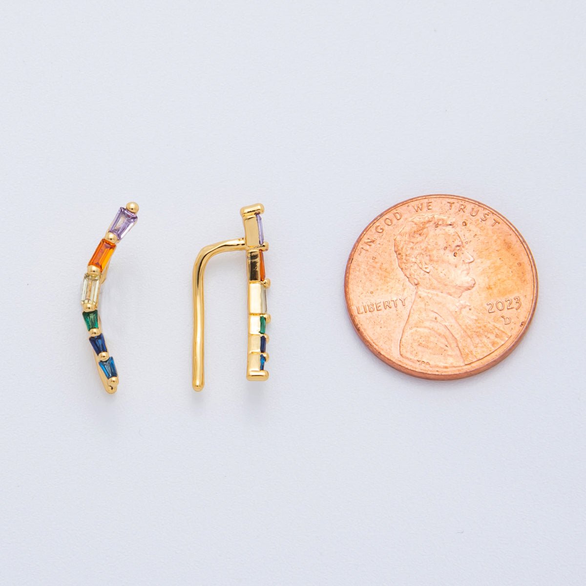 18K Gold Filled Multicolor Baguette CZ Rainbow Arc Ear Climber Earring | AJ - 186 - DLUXCA