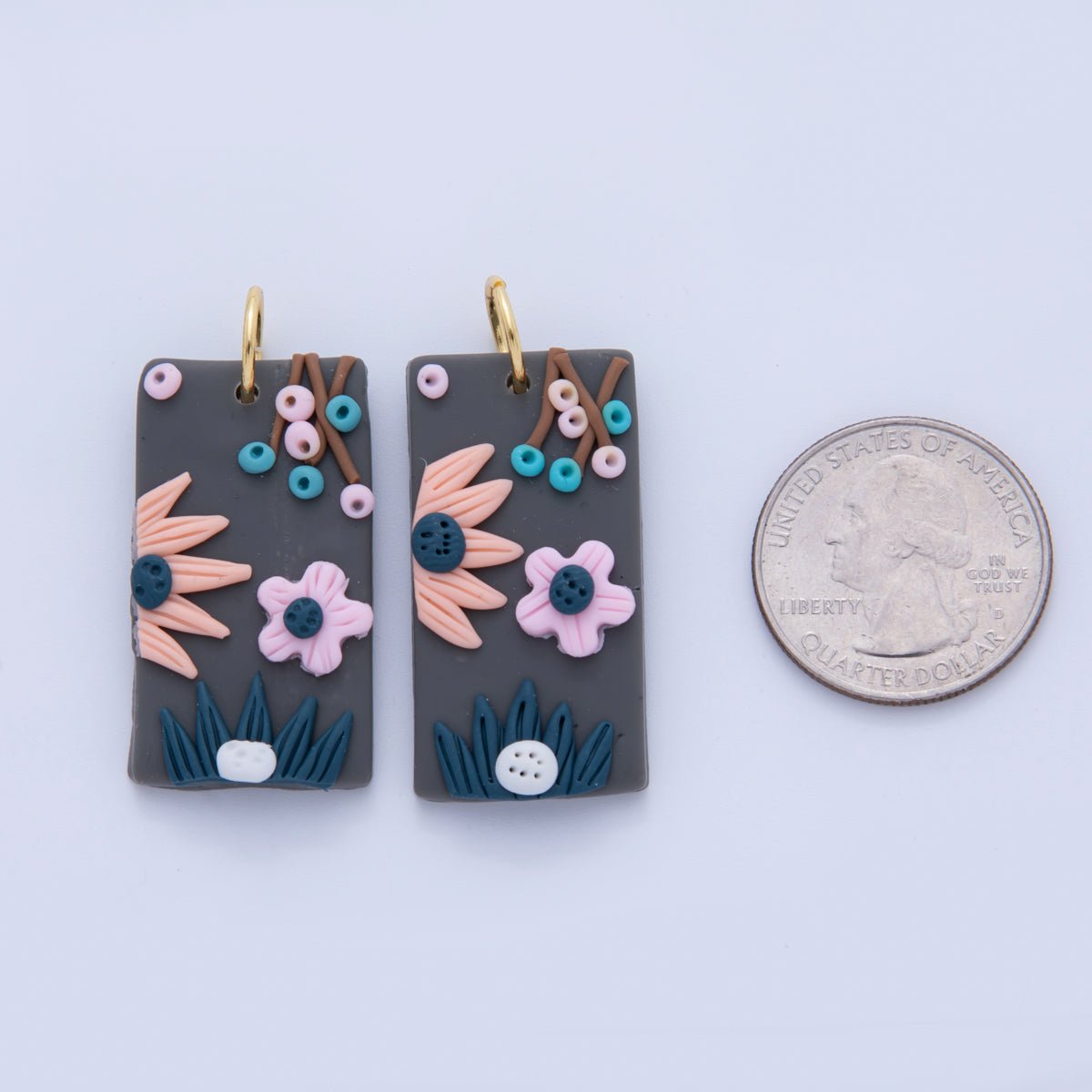 18K Gold Filled Multicolor Flower Plant Grey Polymer Clay Rectangle Charm | AF362 - DLUXCA