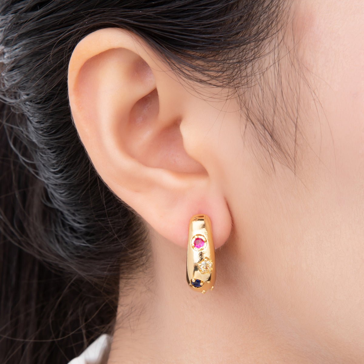 18K Gold Filled Multicolor Round CZ Dainty Dome Crescent Moon Lever Back Hoops Earrings | AJ221 - DLUXCA