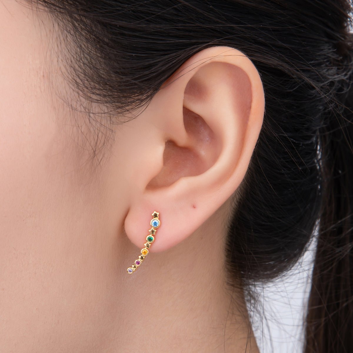 18K Gold Filled Multicolor Round CZ Shooting Star Ear Climber Earring | AJ - 187 - DLUXCA