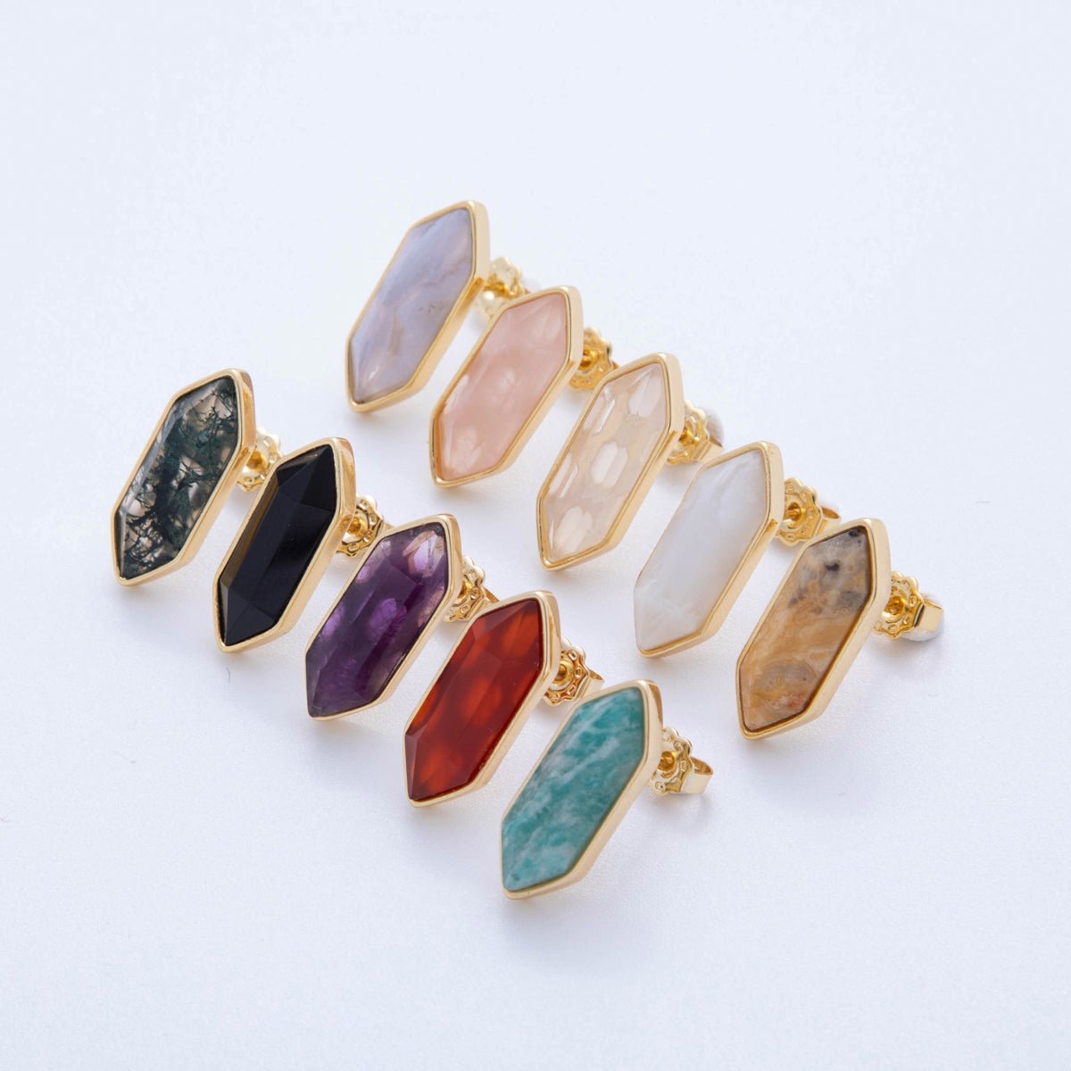 18K Gold Filled Natural Gemstone Hexagon Stud Earrings | Q037 - Q262 - DLUXCA