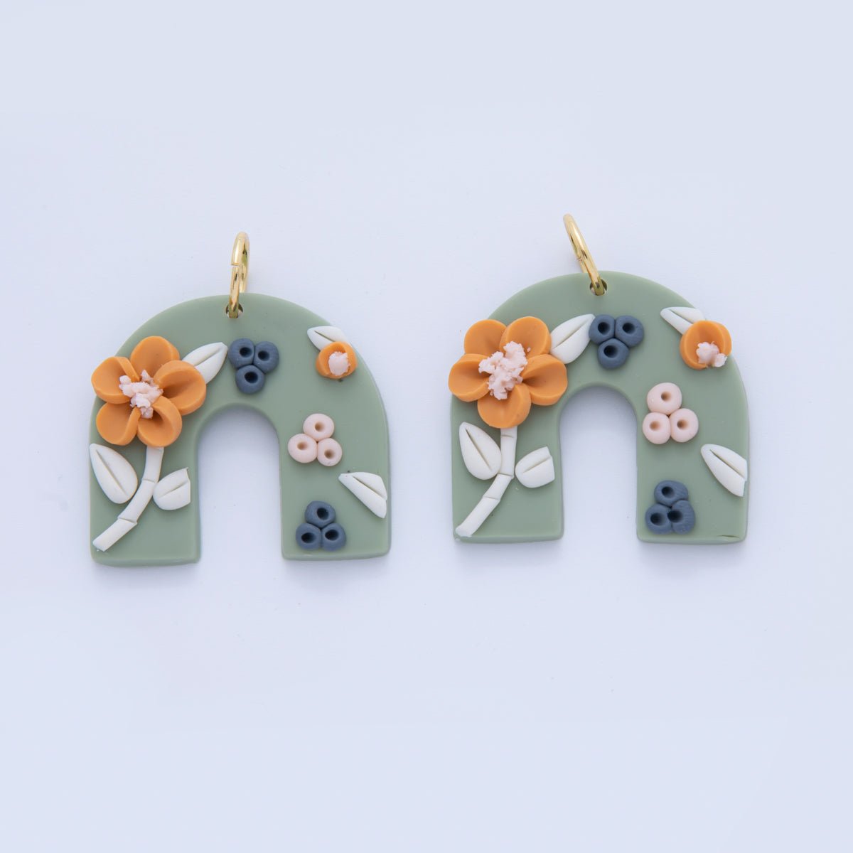 18K Gold Filled Orange Flower Plant Polymer Clay Green U - Shaped Charm | AF366 - DLUXCA