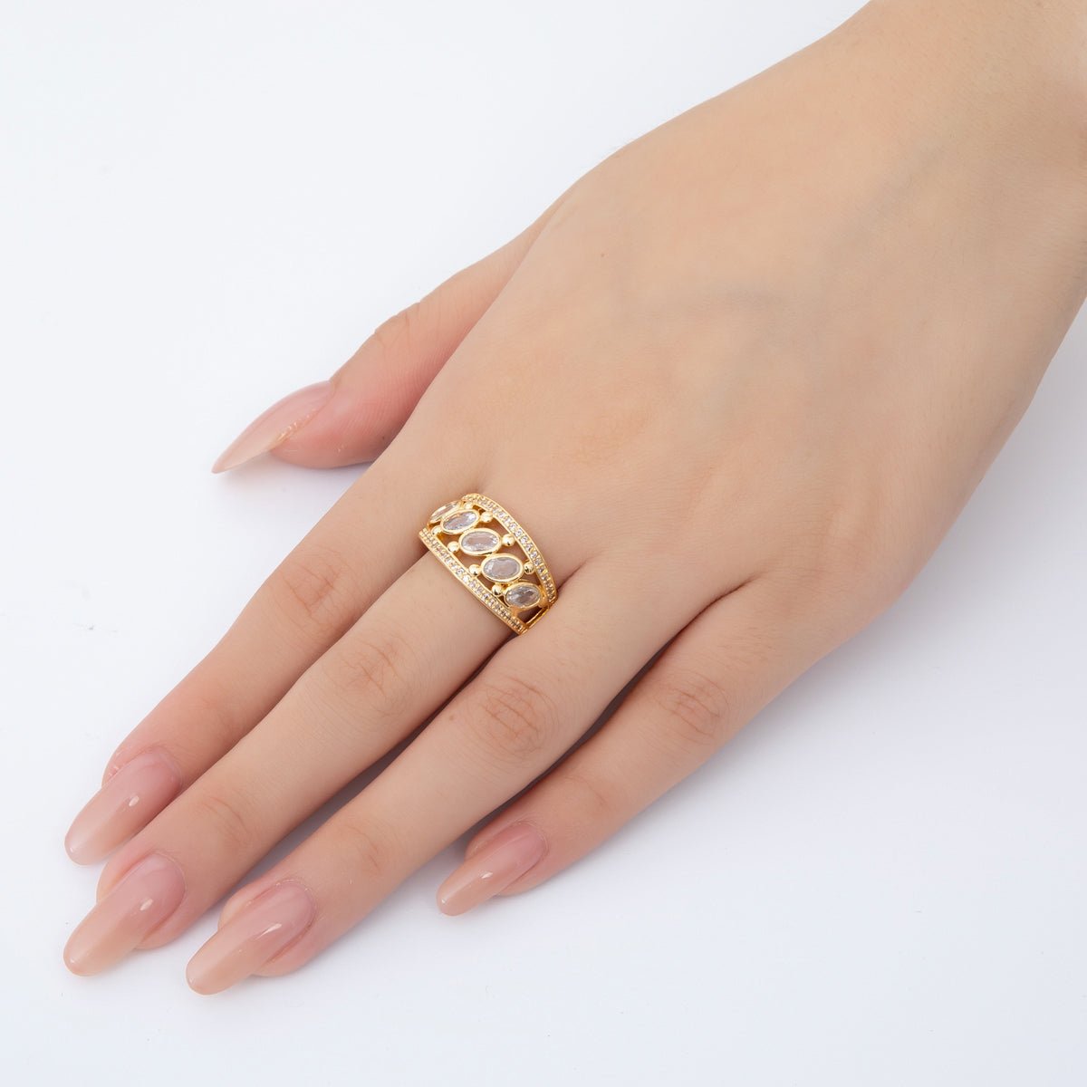 18K Gold Filled Oval Clear CZ Micro Paved CZ Wide Ring | O437 - DLUXCA