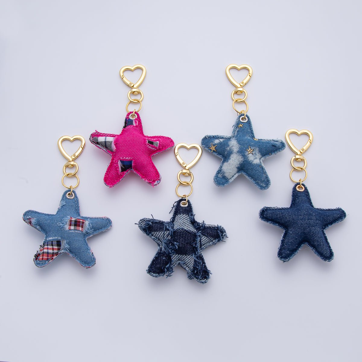 18K Gold Filled Patch Work Denim Puffy Star Heart Push Gate Key Ring Keychain Accessories | WB - 00140 ~ WB - 00144 - DLUXCA