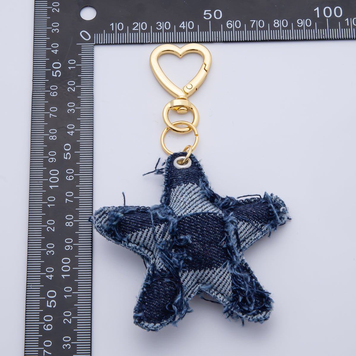 18K Gold Filled Patch Work Denim Puffy Star Heart Push Gate Key Ring Keychain Accessories | WB - 00140 ~ WB - 00144 - DLUXCA