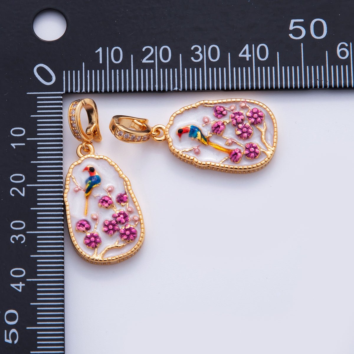 18K Gold Filled Peacock Flower Enamel Drop Micro Paved CZ Snap Bail Finding | AH705 - DLUXCA