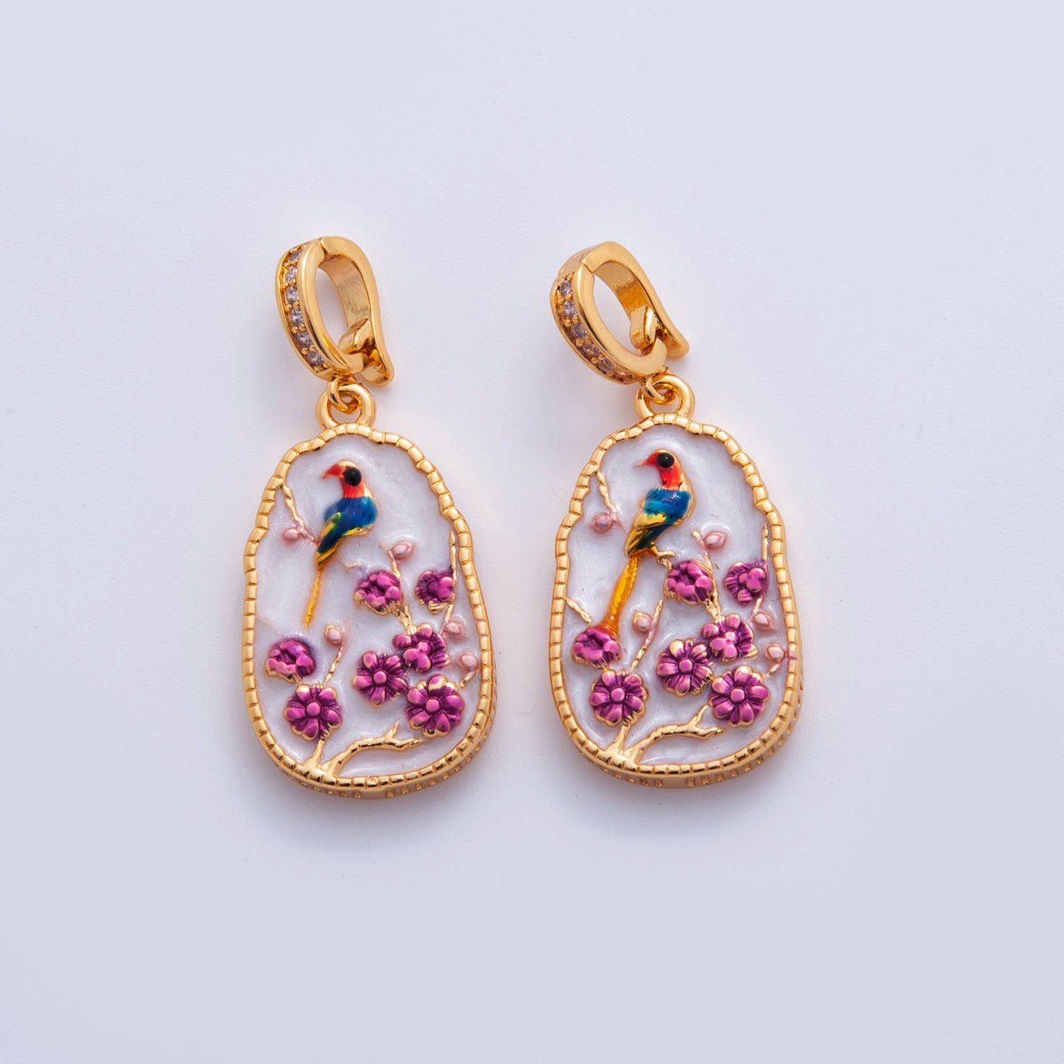 18K Gold Filled Peacock Flower Enamel Drop Micro Paved CZ Snap Bail Finding | AH705 - DLUXCA