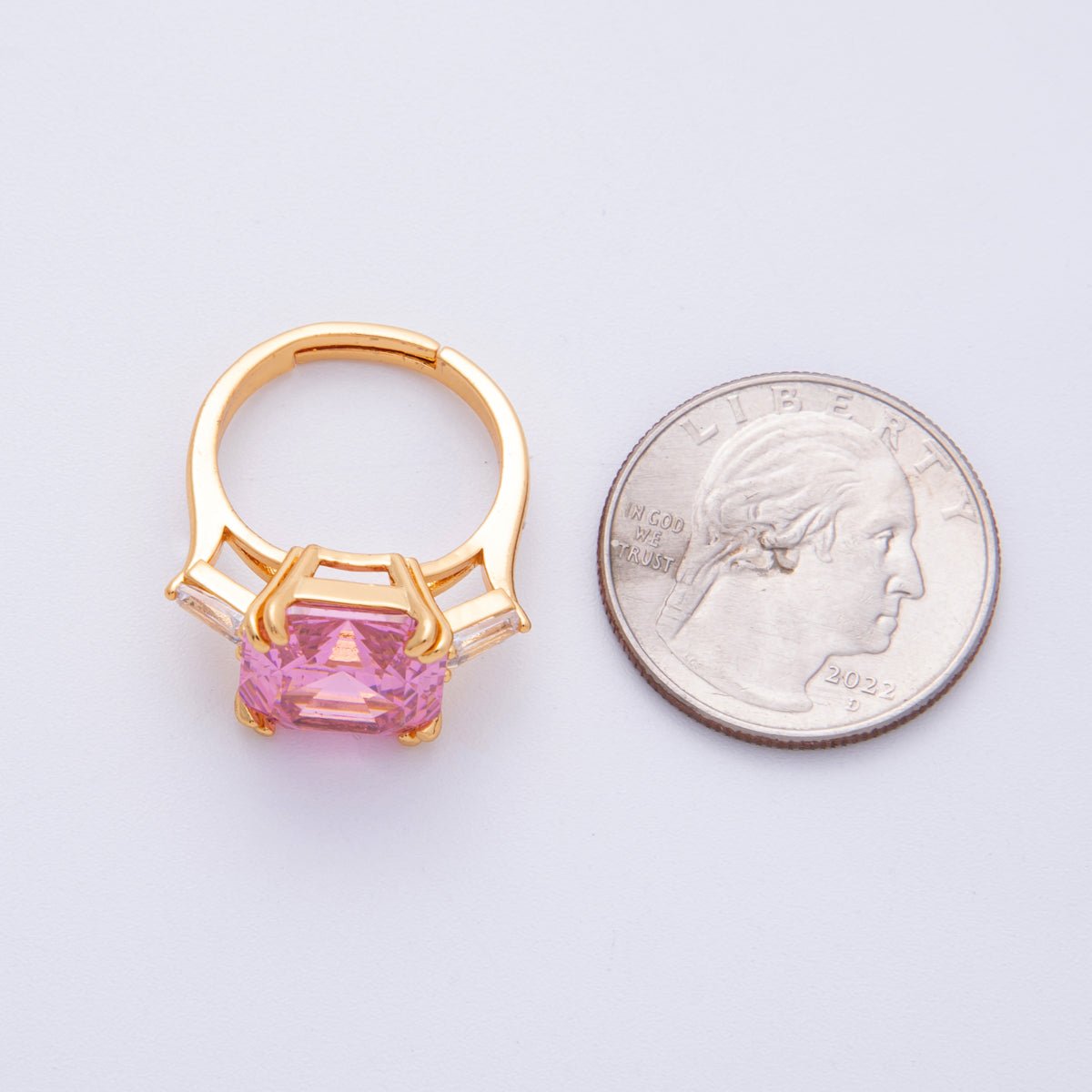 18K Gold Filled Pink, Clear CZ Baguette Square Solitaire Adjustable Ring | O811 - DLUXCA