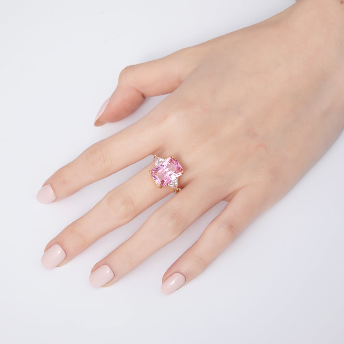 18K Gold Filled Pink, Clear CZ Baguette Triangle Solitaire Adjustable Ring | O805 - DLUXCA