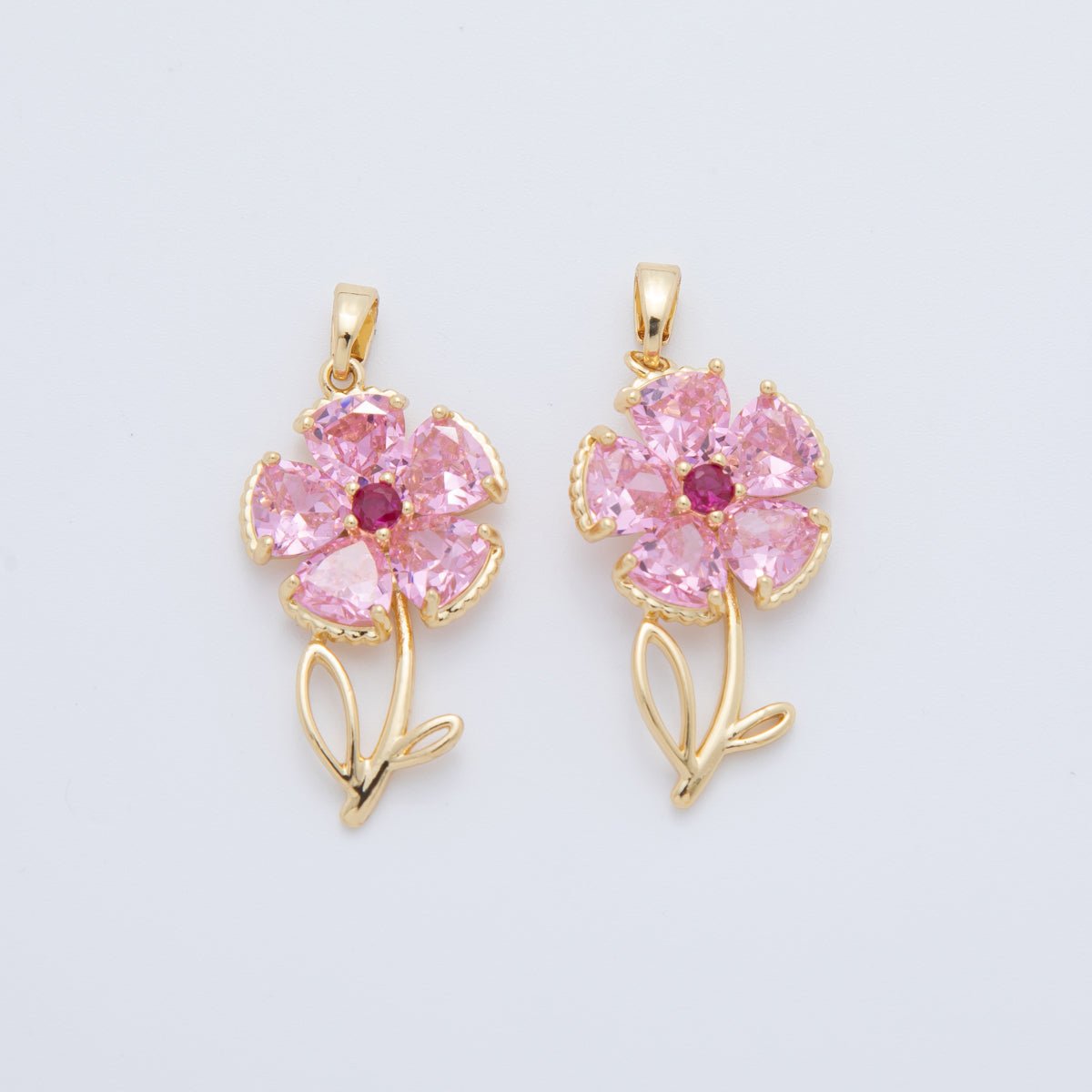 18K Gold Filled Pink, Clear CZ Flower Plant Pendant | AH778 - DLUXCA