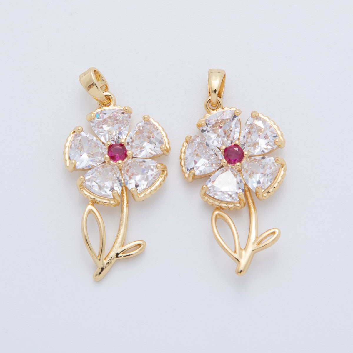 18K Gold Filled Pink, Clear CZ Flower Plant Pendant | AH778 - DLUXCA