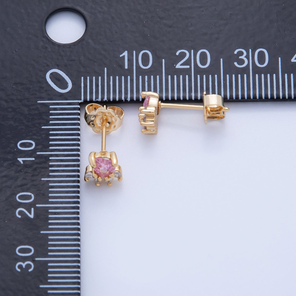 18K Gold Filled Pink Clear CZ Heart Ray Mini Stud Earrings | Q024 - DLUXCA
