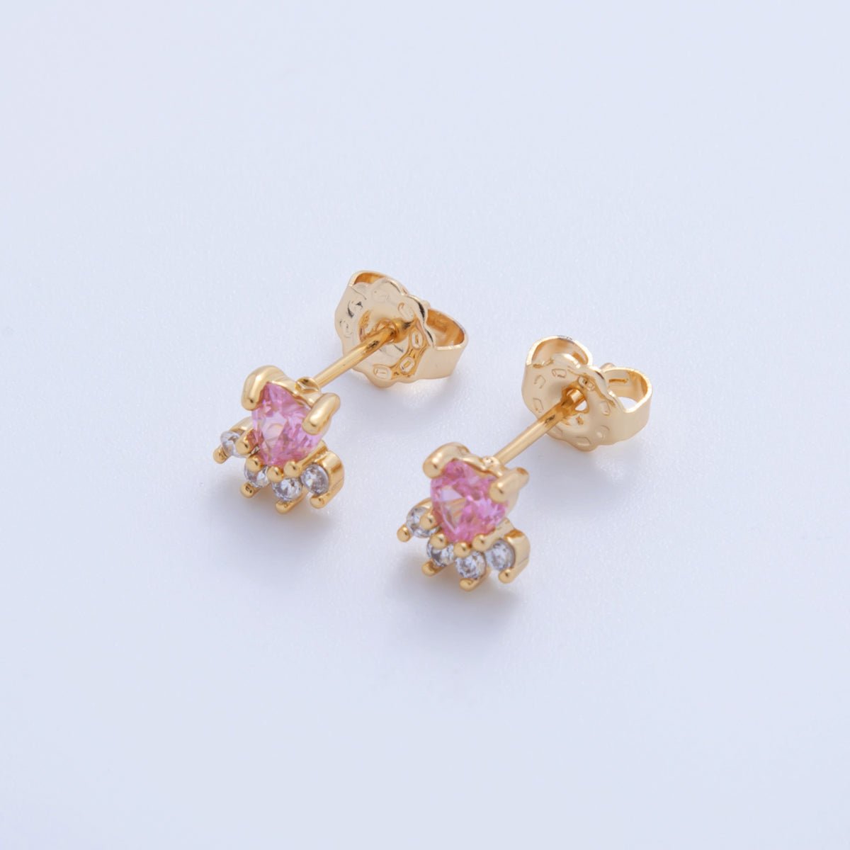 18K Gold Filled Pink Clear CZ Heart Ray Mini Stud Earrings | Q024 - DLUXCA