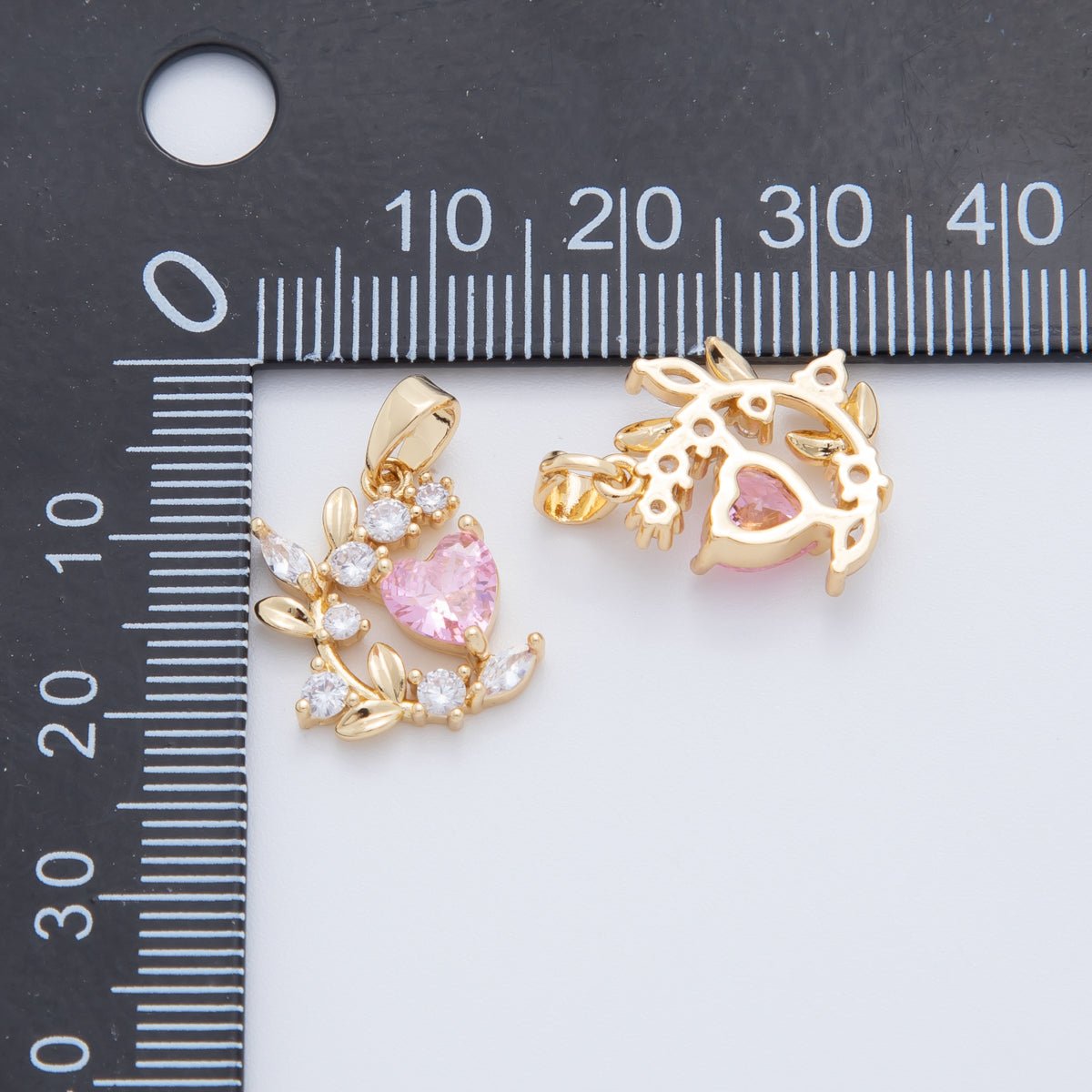 18K Gold Filled Pink CZ Heart Curved Floral Pendant | AH773 - DLUXCA