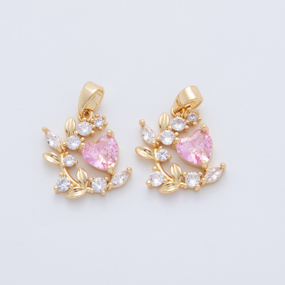 18K Gold Filled Pink CZ Heart Curved Floral Pendant | AH773 - DLUXCA