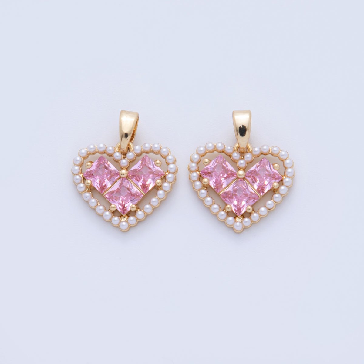 18K Gold Filled Pink CZ Shell Pearl Outline Open Heart Pendant | AH731 - DLUXCA