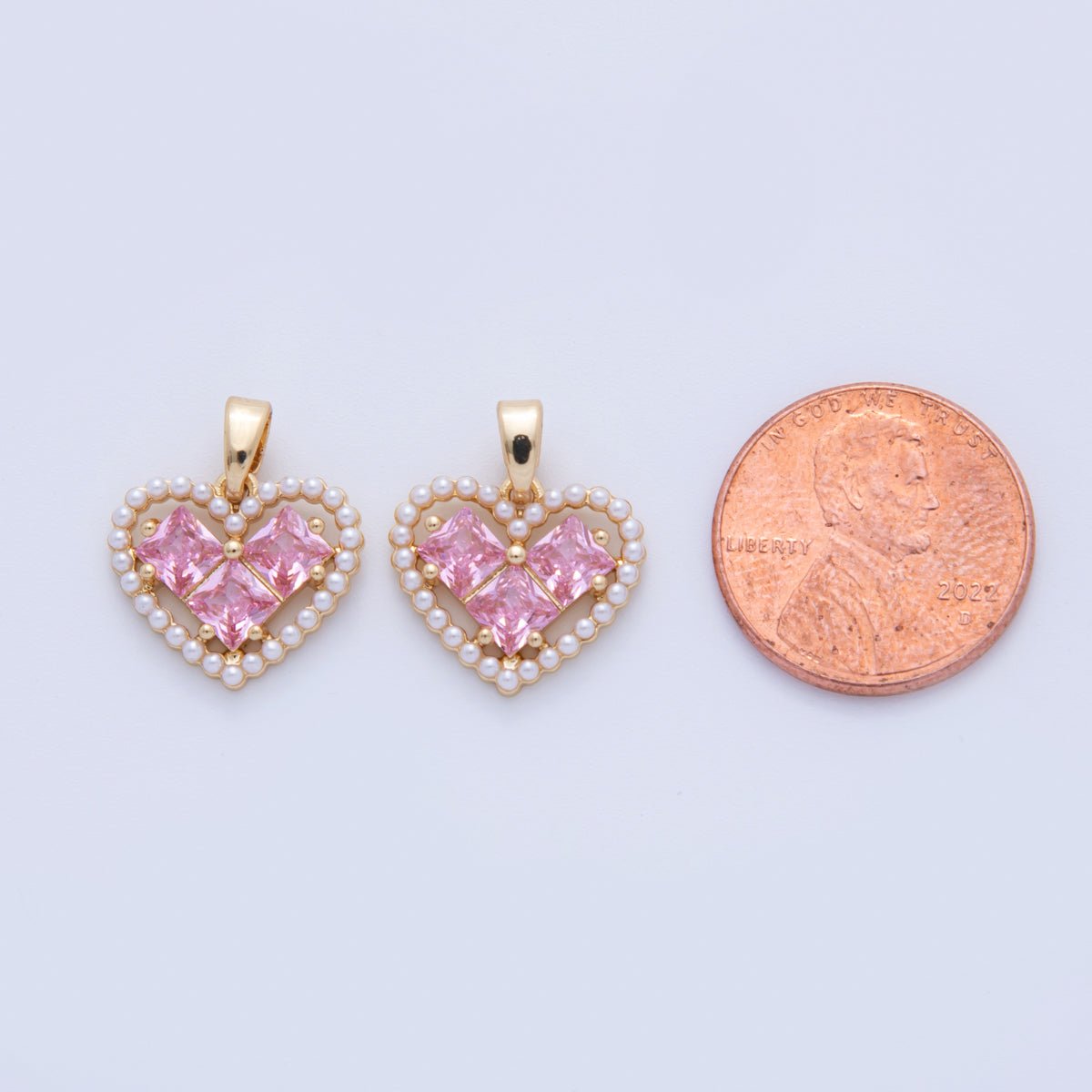 18K Gold Filled Pink CZ Shell Pearl Outline Open Heart Pendant | AH731 - DLUXCA