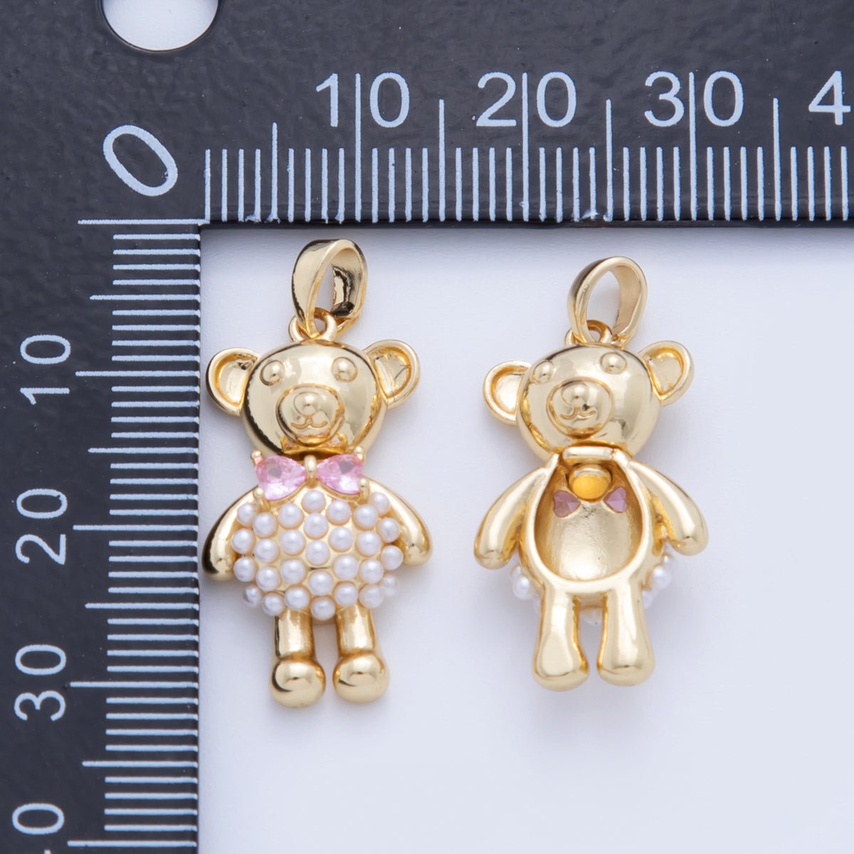 18K Gold Filled Pink CZ Shell Pearl Teddy Bear Swivel Pendant | AH745 - DLUXCA