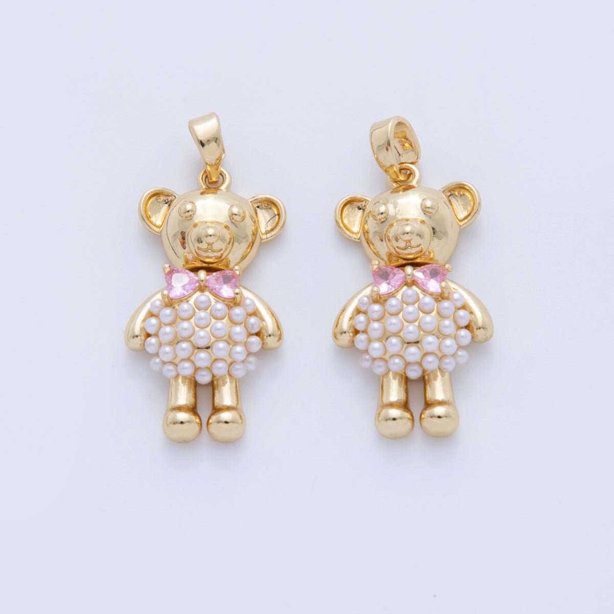 18K Gold Filled Pink CZ Shell Pearl Teddy Bear Swivel Pendant | AH745 - DLUXCA