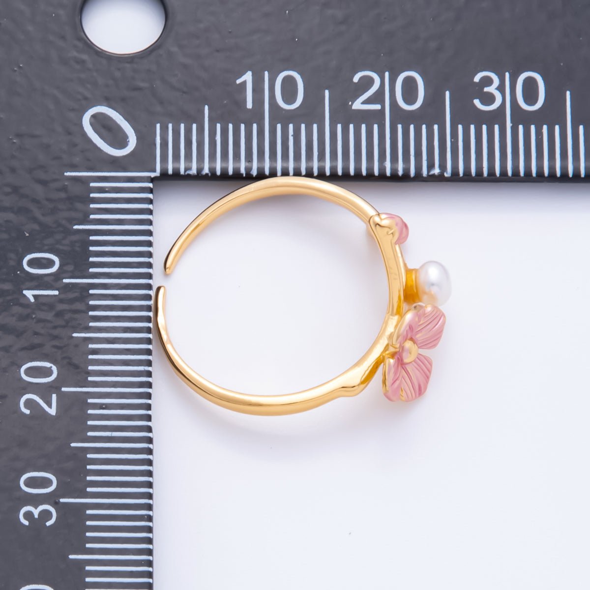 18K Gold Filled Pink Enamel Sakura Flower with Shell Pearl Adjustable Ring | O - 032 - DLUXCA
