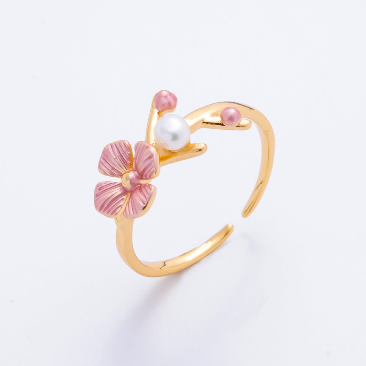 18K Gold Filled Pink Enamel Sakura Flower with Shell Pearl Adjustable Ring | O - 032 - DLUXCA