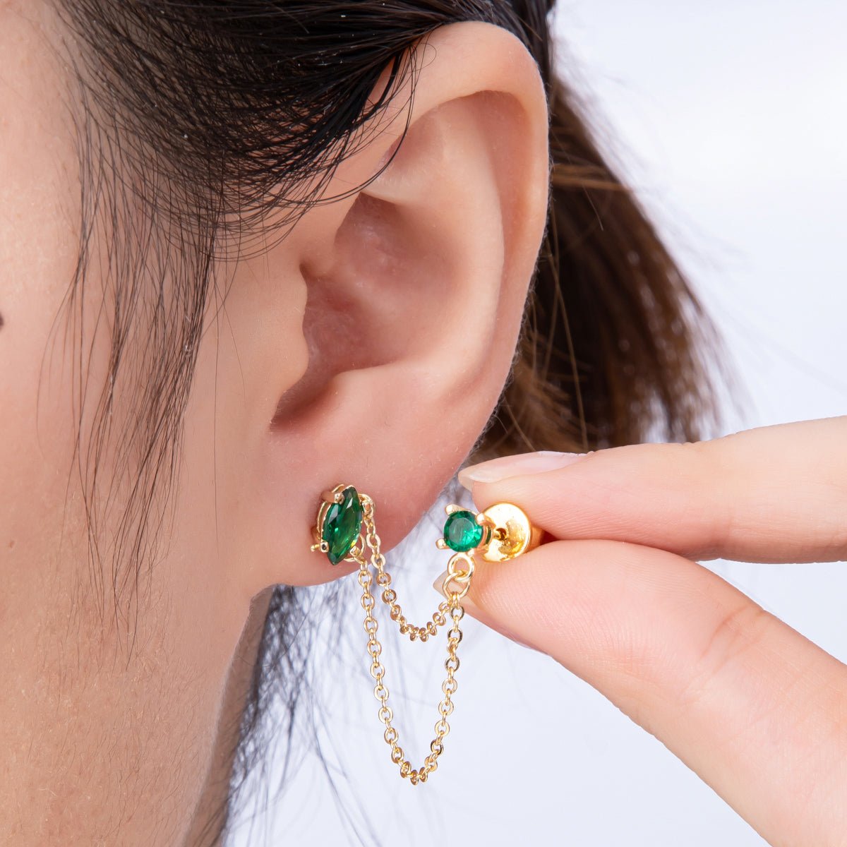 18K Gold Filled Pink, Green Round CZ Double Cable Chain Drop Studs in Gold & Silver | Earrings - 00205 ~ Earrings - 00208 - DLUXCA