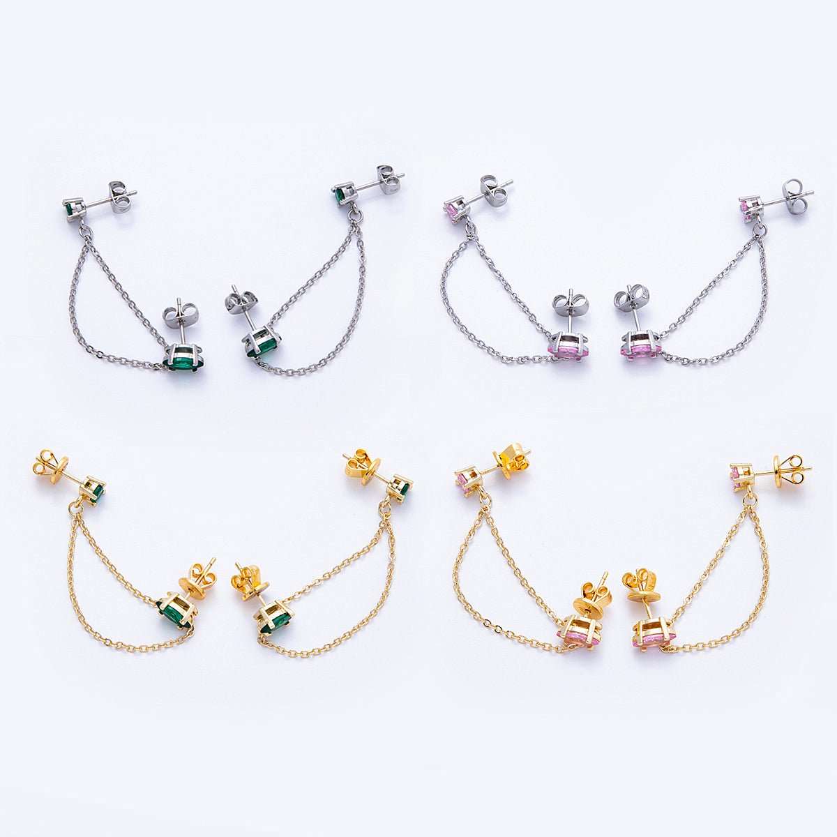 18K Gold Filled Pink, Green Round CZ Double Cable Chain Drop Studs in Gold & Silver | Earrings - 00205 ~ Earrings - 00208 - DLUXCA