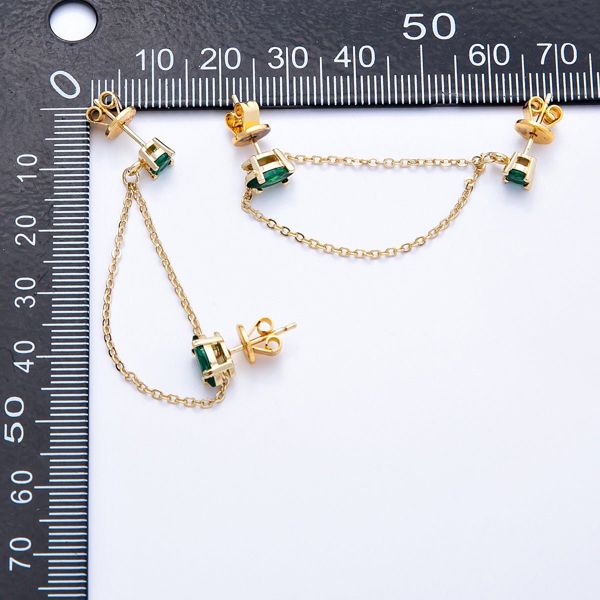 18K Gold Filled Pink, Green Round CZ Double Cable Chain Drop Studs in Gold & Silver | Earrings - 00205 ~ Earrings - 00208 - DLUXCA