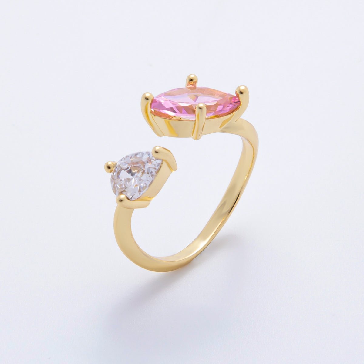 18K Gold Filled Pink Marquise & Teardrop CZ Two Stems Adjustable Ring | O - A2203 - DLUXCA