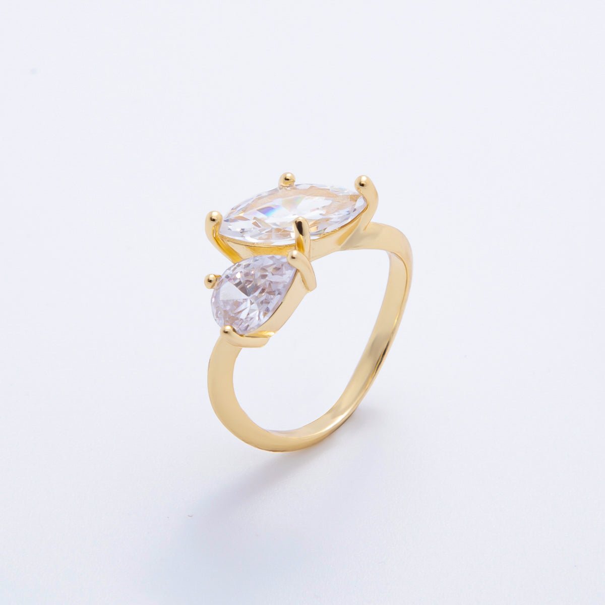 18K Gold Filled Pink Marquise & Teardrop CZ Two Stems Adjustable Ring | O - A2203 - DLUXCA