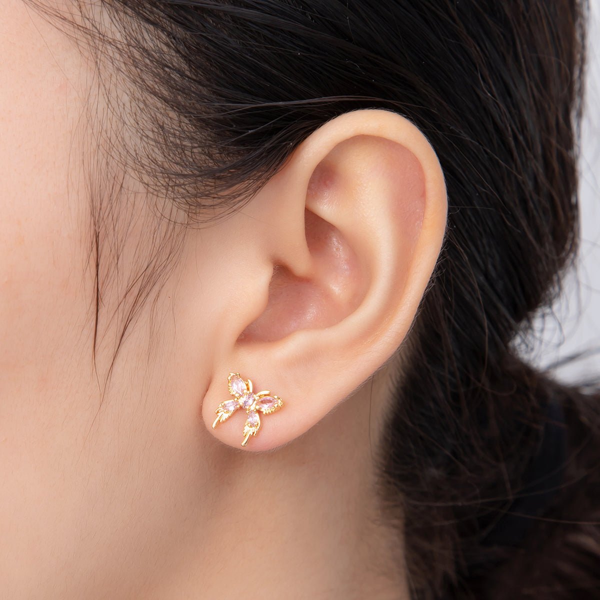 18K Gold Filled Pink & Purple Marquise CZ Twinkling Mariposa Butterfly Stud Earrings | AI385 - DLUXCA