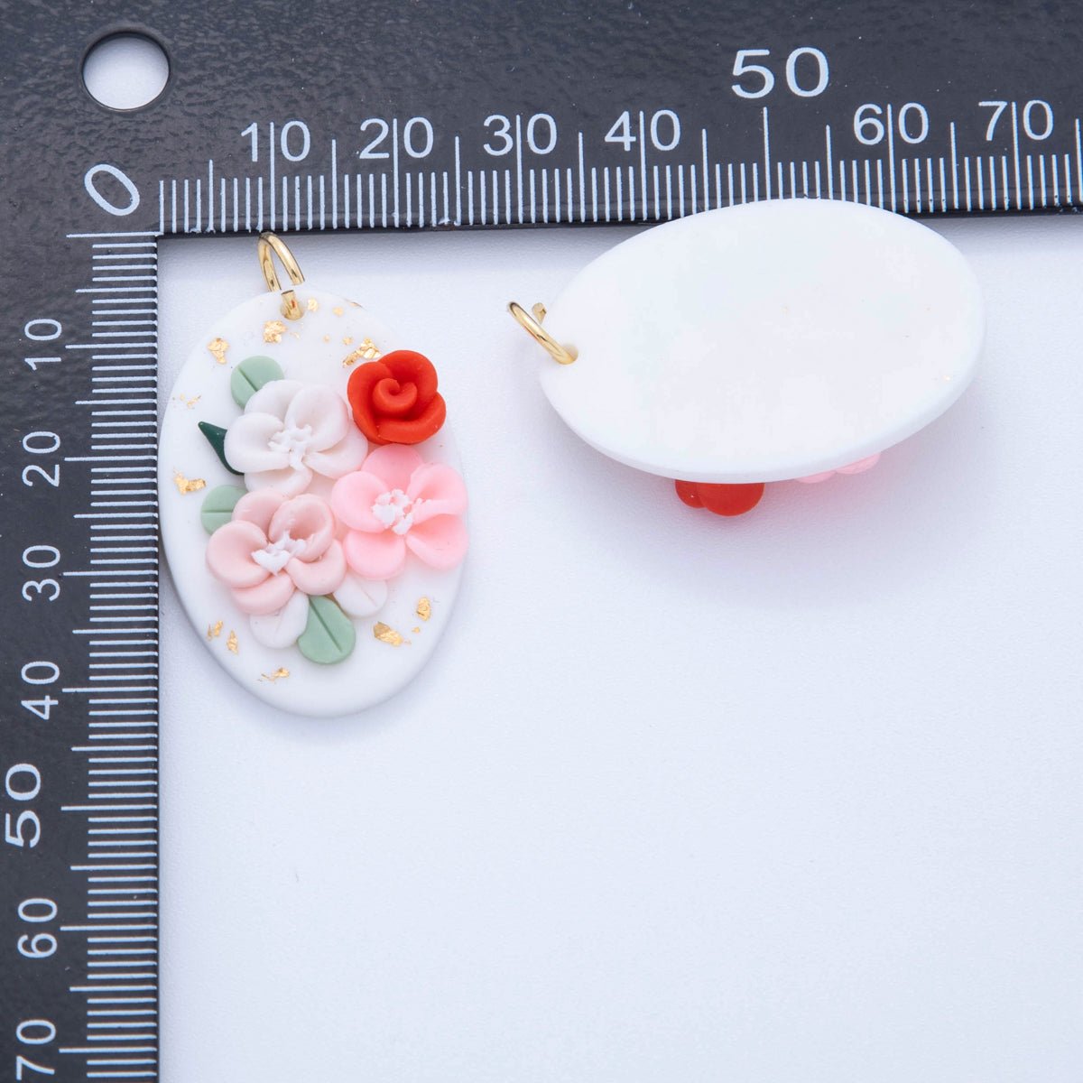 18K Gold Filled Pink Red Rose Flower White Oval Polymer Clay Charm | AF705 - DLUXCA