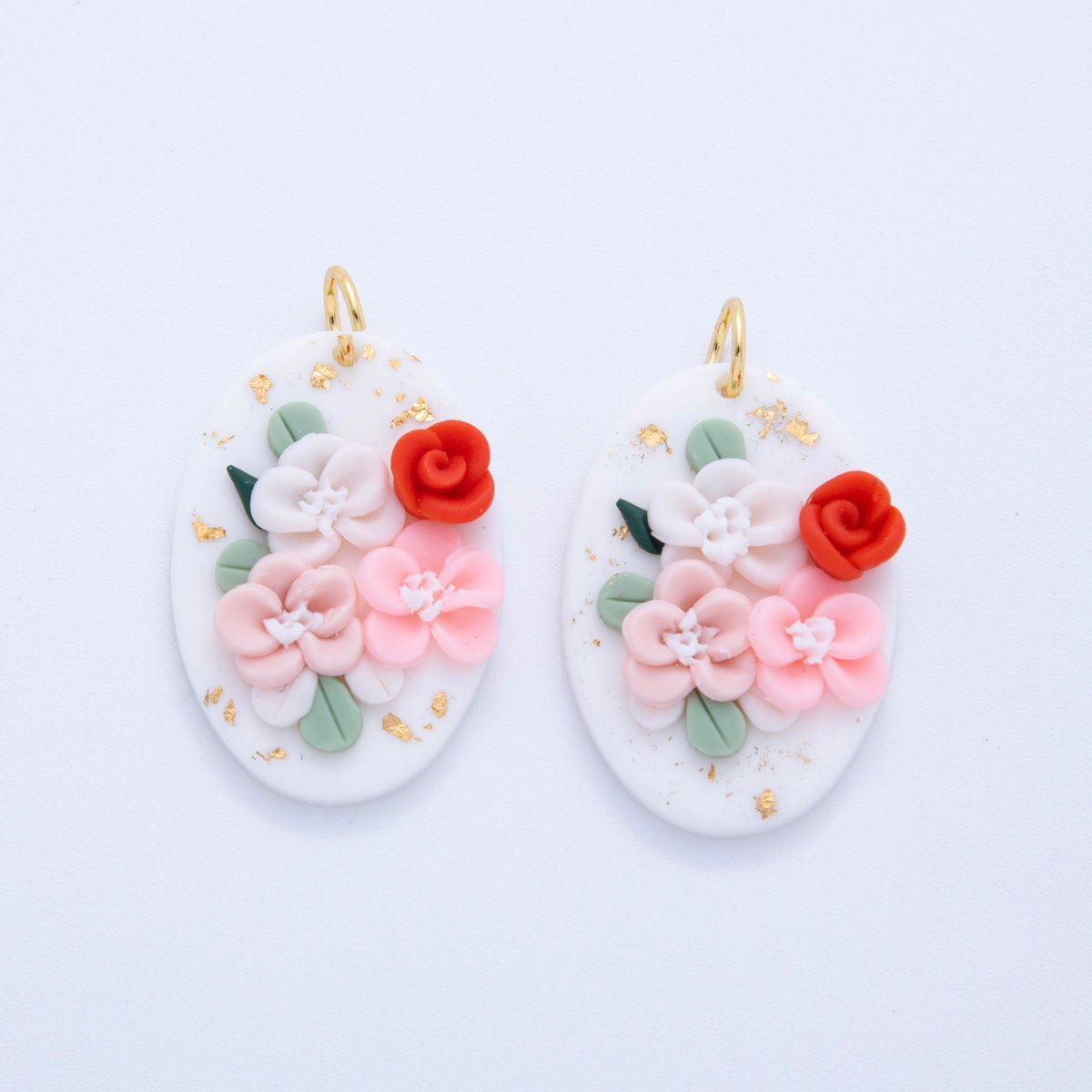 18K Gold Filled Pink Red Rose Flower White Oval Polymer Clay Charm | AF705 - DLUXCA