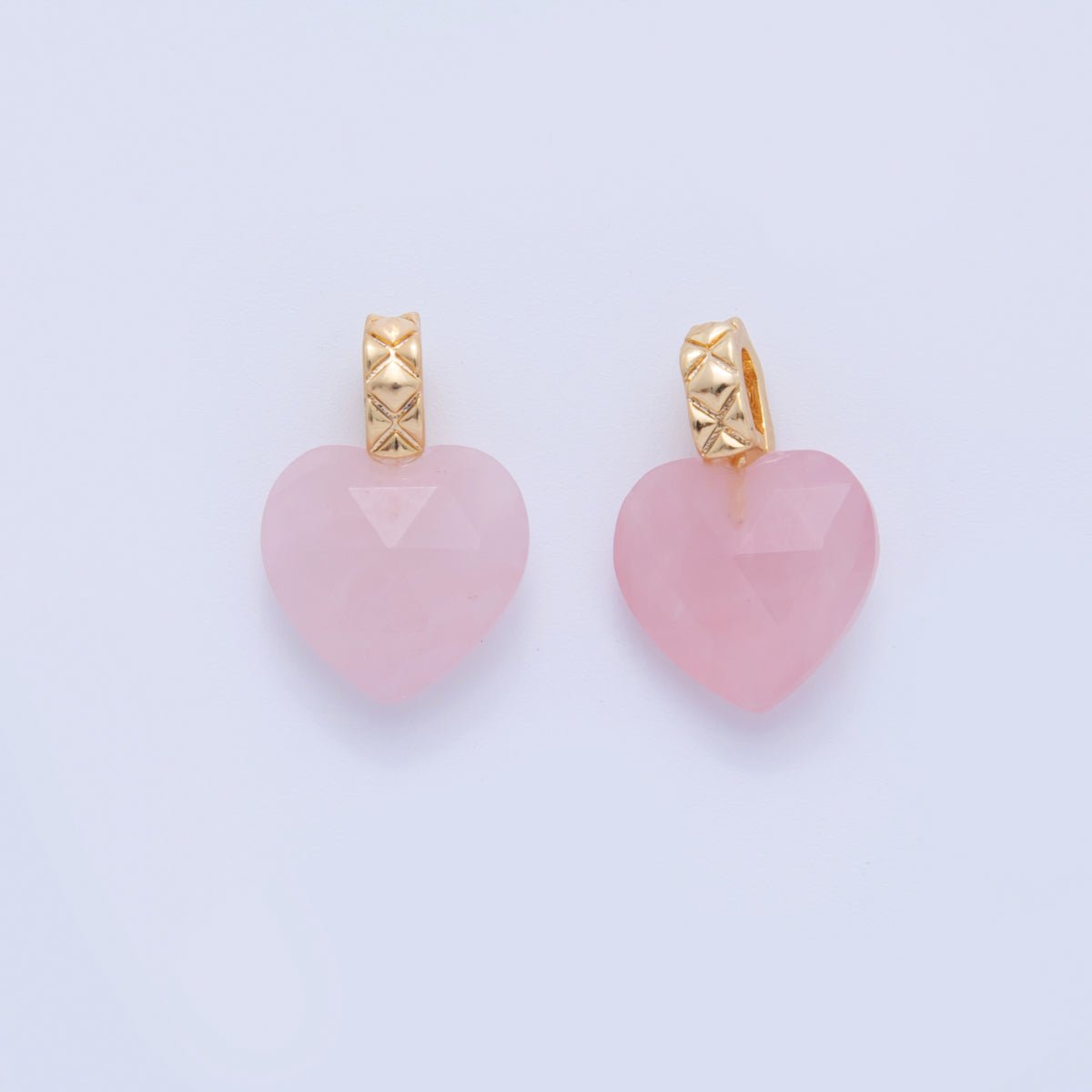 18K Gold Filled Pink Rose Quartz Gemstone Heart Quilted Bail Pendant | AF360 - DLUXCA