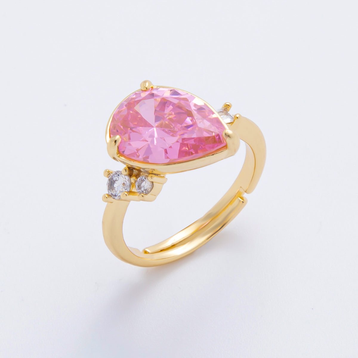 18K Gold Filled Pink Teardrop & Micro Paved CZ Diagonally Crown Adjustable Ring | O - A2187 - DLUXCA