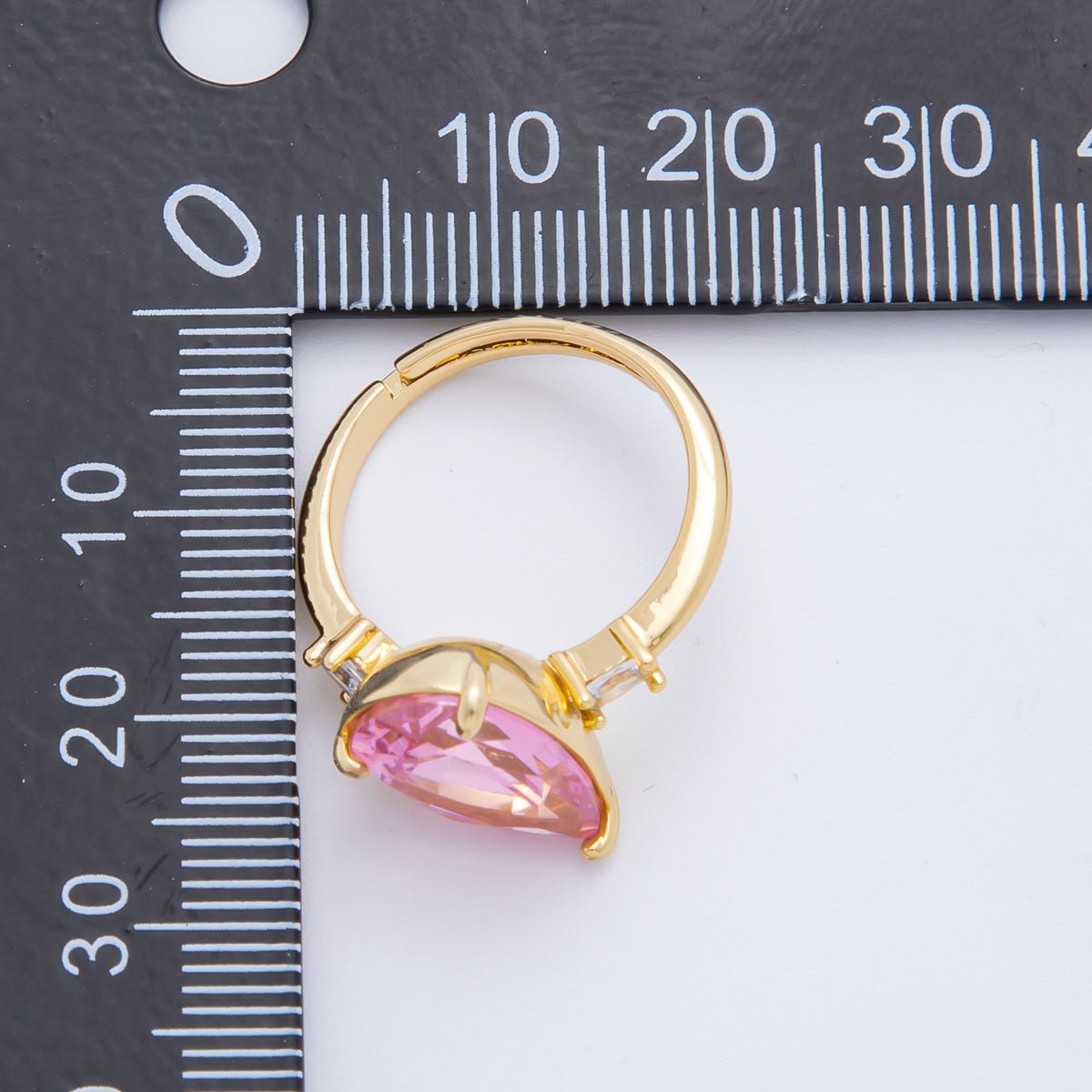18K Gold Filled Pink Teardrop & Micro Paved CZ Diagonally Crown Adjustable Ring | O - A2187 - DLUXCA